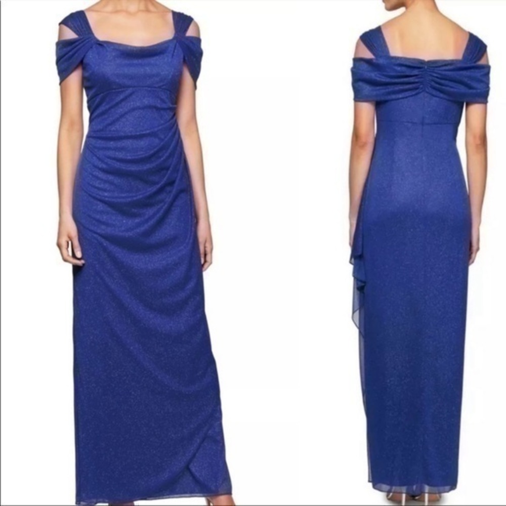 NWOT Alex Evenings Royal Blue Glitter Gold Shoulder Gown